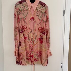 Camila Coelho Pink Floral Long Sleeve Silk swing dress with small sequin detail